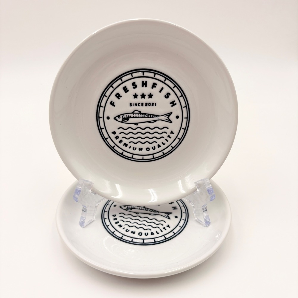 Signature Housewares Fresh Fish Stoneware Appetizer Plates White Blue Set of 2